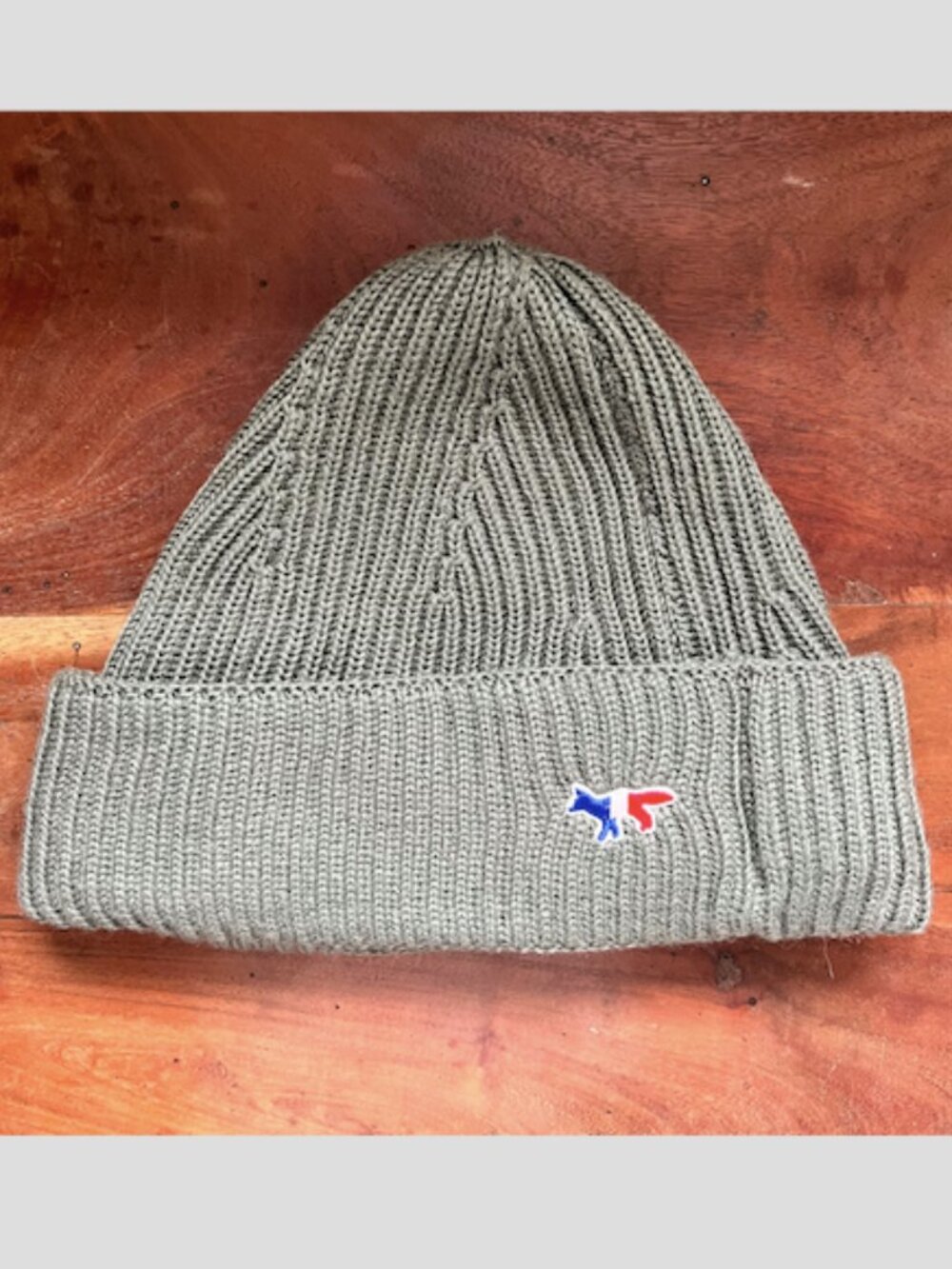 Maison Kitsune Paris Olive Khaki Green Ribbed Wool Beanie